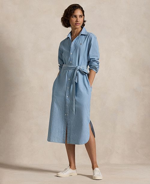 Polo Ralph Lauren Women's Belted Cotton Oxford Shirtdress Women's Fashion Shoes & Accessories