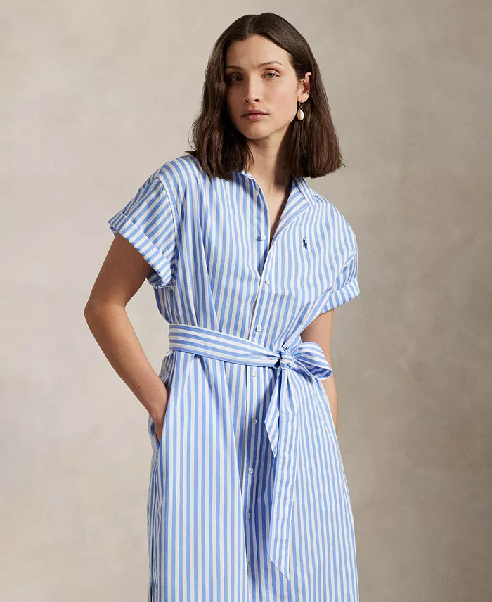 Polo Ralph Lauren Women's Belted Striped Cotton Shirtdress Women's Fashion Shoes & Accessories