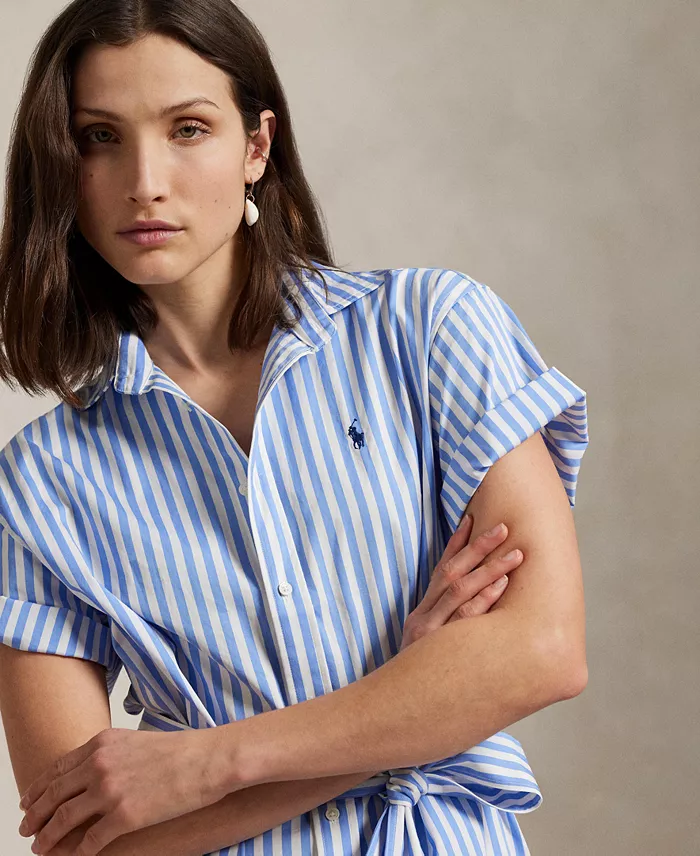 Polo Ralph Lauren Women's Belted Striped Cotton Shirtdress Women's Fashion Shoes & Accessories