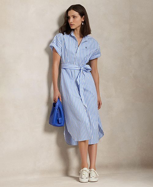 Polo Ralph Lauren Women's Belted Striped Cotton Shirtdress Women's Fashion Shoes & Accessories