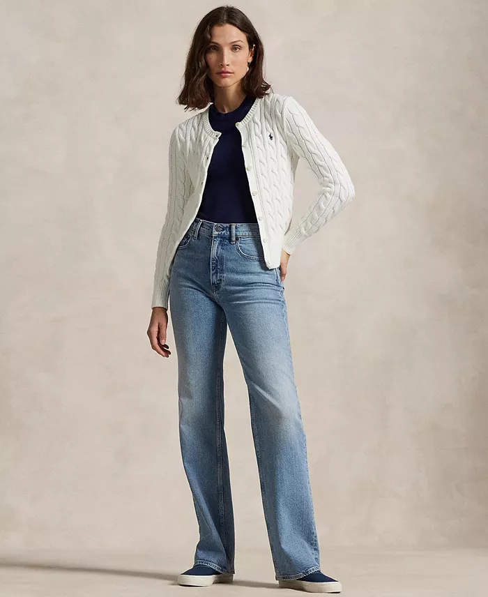 Polo Ralph Lauren Women's Cable-Knit Cotton Crewneck Cardigan Sweater Women's Fashion Shoes & Accessories