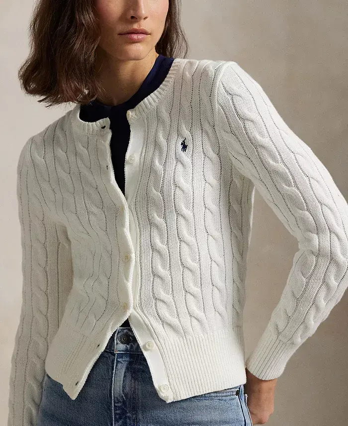 Polo Ralph Lauren Women's Cable-Knit Cotton Crewneck Cardigan Sweater Women's Fashion Shoes & Accessories