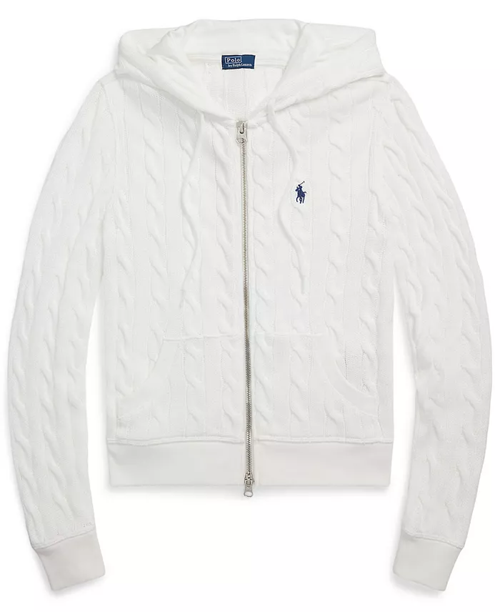 Polo Ralph Lauren Women's Cable-Knit Cotton Full-Zip Hoodie Sweater Women's Fashion Shoes & Accessories