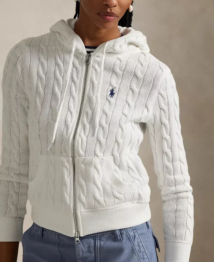 Polo Ralph Lauren Women's Cable-Knit Cotton Full-Zip Hoodie Sweater Women's Fashion Shoes & Accessories