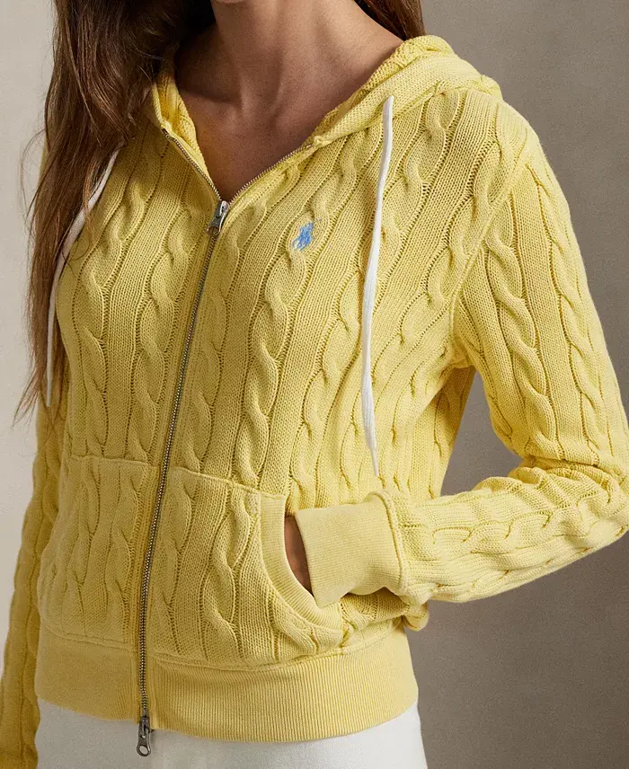 Polo Ralph Lauren Women's Cable-Knit Cotton Full-Zip Hoodie Sweatshirt Women's Fashion Shoes & Accessories