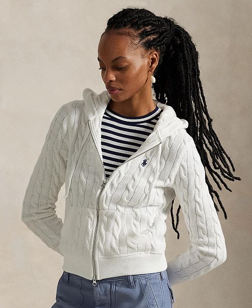 Polo Ralph Lauren Women's Cable-Knit Cotton Full-Zip Hoodie Sweater Women's Fashion Shoes & Accessories