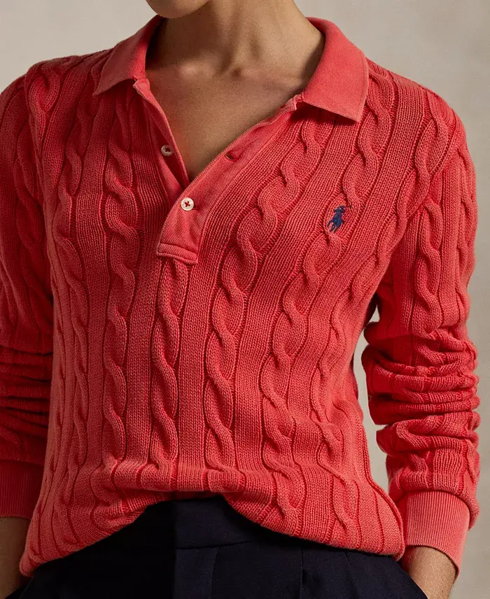 Polo Ralph Lauren Women's Cable-Knit Cotton Long-Sleeve Polo Shirt Sweater Women's Fashion Shoes & Accessories