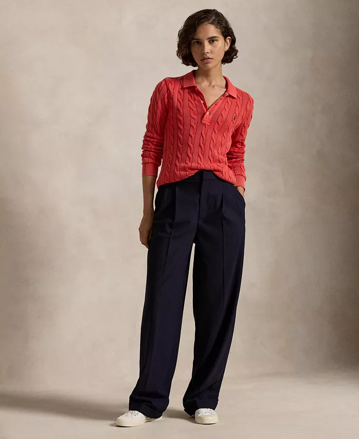 Polo Ralph Lauren Women's Cable-Knit Cotton Long-Sleeve Polo Shirt Sweater Women's Fashion Shoes & Accessories