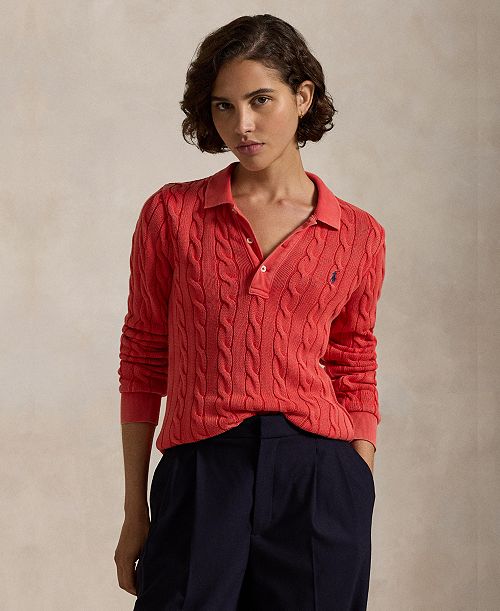 Polo Ralph Lauren Women's Cable-Knit Cotton Long-Sleeve Polo Shirt Sweater Women's Fashion Shoes & Accessories