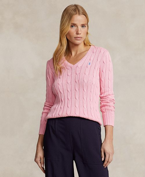 Polo Ralph Lauren Women's Cable-Knit Cotton V-Neck Sweater Women's Fashion Shoes & Accessories