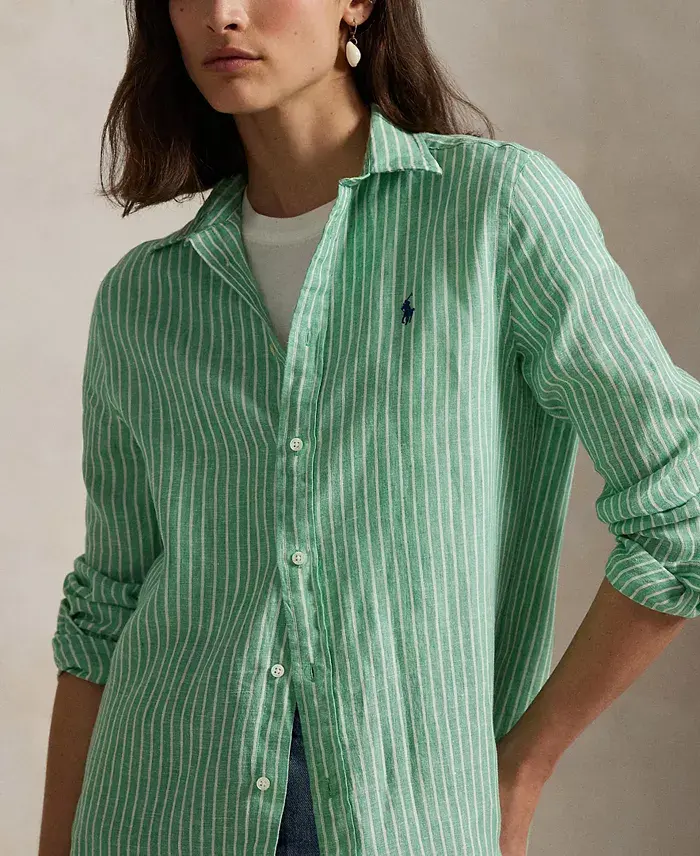 Polo Ralph Lauren Women's Classic-Fit Striped 100% Linen Shirt Women's Fashion Shoes & Accessories
