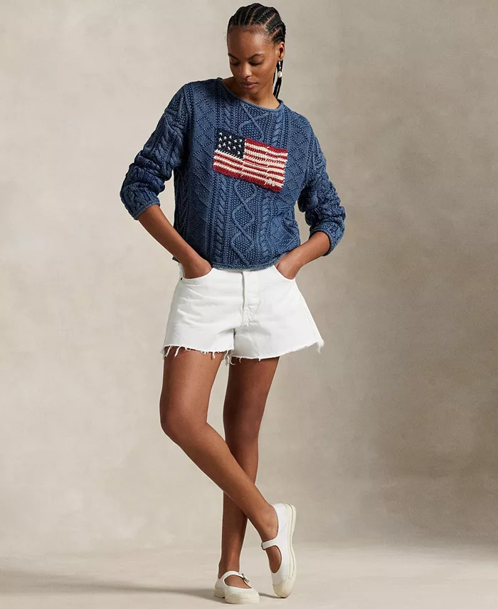 Polo Ralph Lauren Women's Flag Aran-Knit Cotton Sweater Women's Fashion Shoes & Accessories