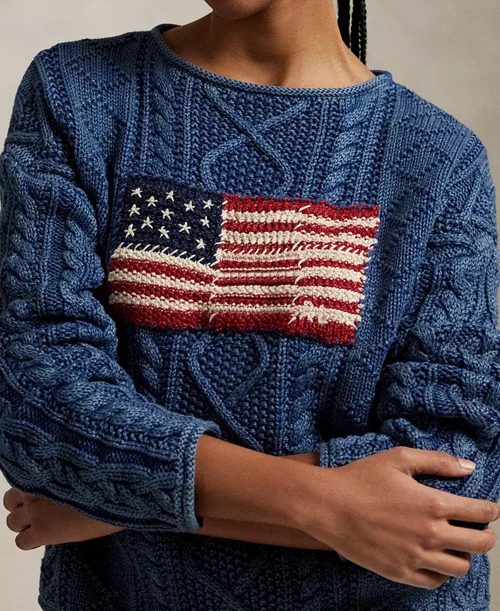 Polo Ralph Lauren Women's Flag Aran-Knit Cotton Sweater Women's Fashion Shoes & Accessories