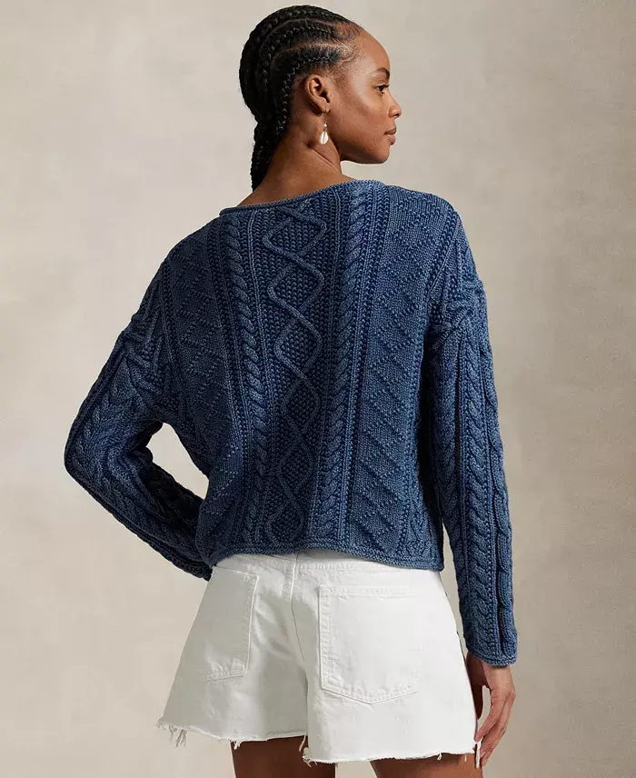 Polo Ralph Lauren Women's Flag Aran-Knit Cotton Sweater Women's Fashion Shoes & Accessories