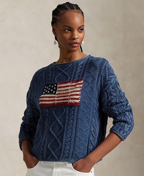 Polo Ralph Lauren Women's Flag Aran-Knit Cotton Sweater Women's Fashion Shoes & Accessories