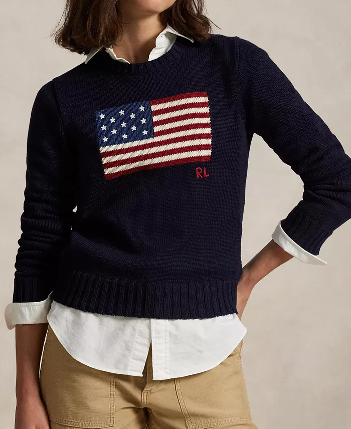 Polo Ralph Lauren Women's Flag Cotton Crewneck Sweater Women's Fashion Shoes & Accessories