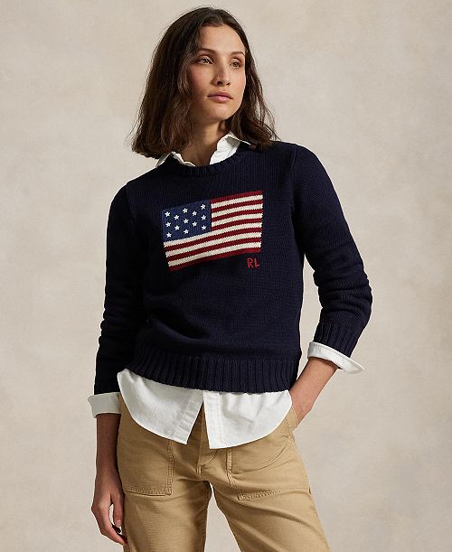 Polo Ralph Lauren Women's Flag Cotton Crewneck Sweater Women's Fashion Shoes & Accessories