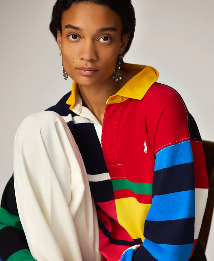 Polo Ralph Lauren Women's Patchwork-Stripe Jersey Rugby Shirt Women's Fashion Shoes & Accessories