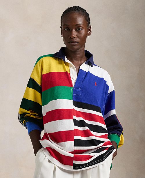 Polo Ralph Lauren Women's Patchwork-Stripe Jersey Rugby Shirt Women's Fashion Shoes & Accessories