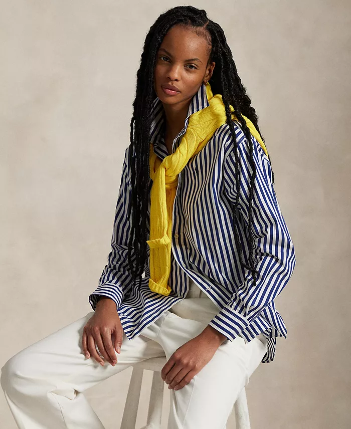 Polo Ralph Lauren Women's Relaxed-Fit Striped Cotton Shirt Women's Fashion Shoes & Accessories
