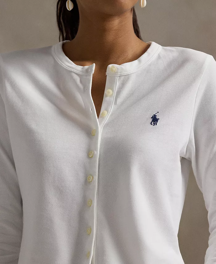 Polo Ralph Lauren Women's Stretch Mesh Cotton Crewneck Cardigan Top Women's Fashion Shoes & Accessories