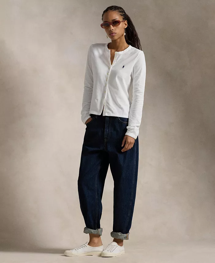 Polo Ralph Lauren Women's Stretch Mesh Cotton Crewneck Cardigan Top Women's Fashion Shoes & Accessories