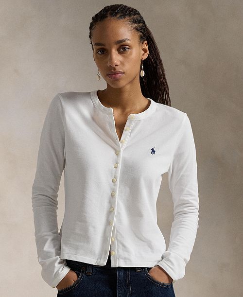 Polo Ralph Lauren Women's Stretch Mesh Cotton Crewneck Cardigan Top Women's Fashion Shoes & Accessories