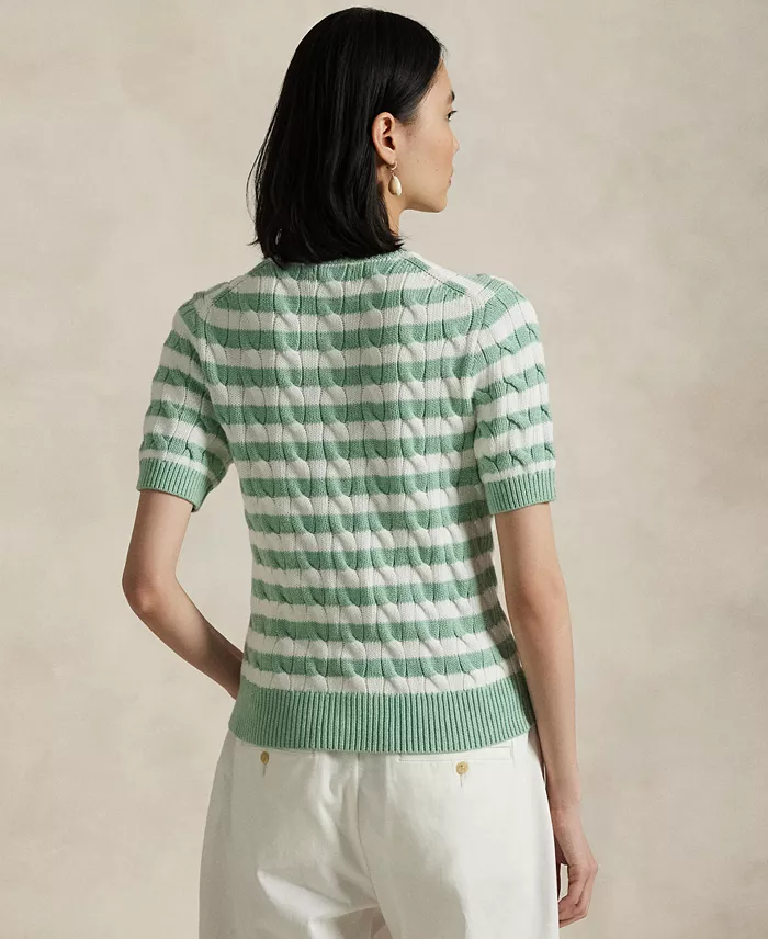 Polo Ralph Lauren Women's Striped Cable-Knit Short-Sleeve Cardigan Sweater Women's Fashion Shoes & Accessories