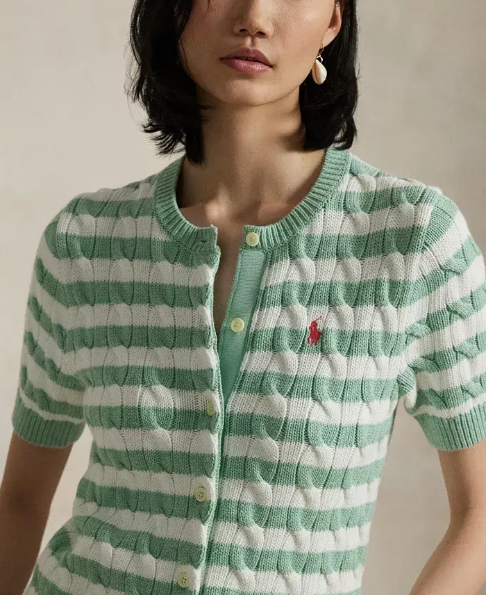 Polo Ralph Lauren Women's Striped Cable-Knit Short-Sleeve Cardigan Sweater Women's Fashion Shoes & Accessories