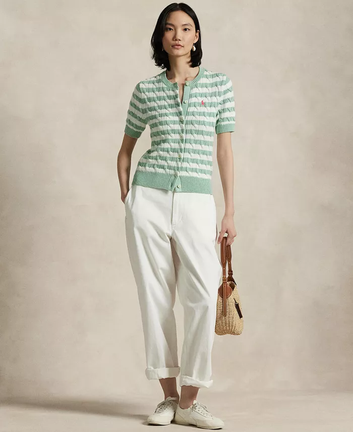 Polo Ralph Lauren Women's Striped Cable-Knit Short-Sleeve Cardigan Sweater Women's Fashion Shoes & Accessories