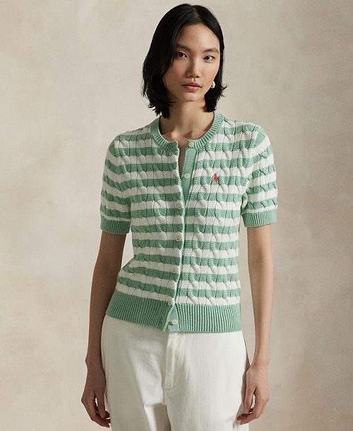 Polo Ralph Lauren Women's Striped Cable-Knit Short-Sleeve Cardigan Sweater Women's Fashion Shoes & Accessories