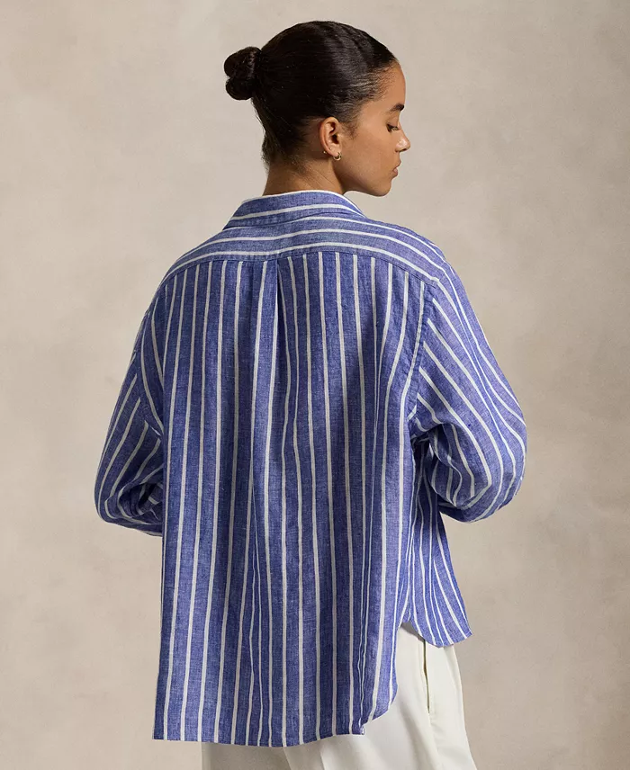 Polo Ralph Lauren Women's Wide Cropped Striped 100% Linen Shirt Women's Fashion Shoes & Accessories