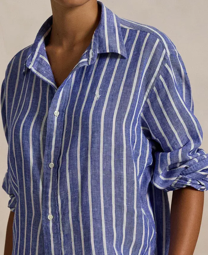 Polo Ralph Lauren Women's Wide Cropped Striped 100% Linen Shirt Women's Fashion Shoes & Accessories