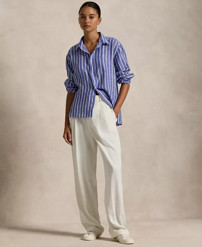 Polo Ralph Lauren Women's Wide Cropped Striped 100% Linen Shirt Women's Fashion Shoes & Accessories