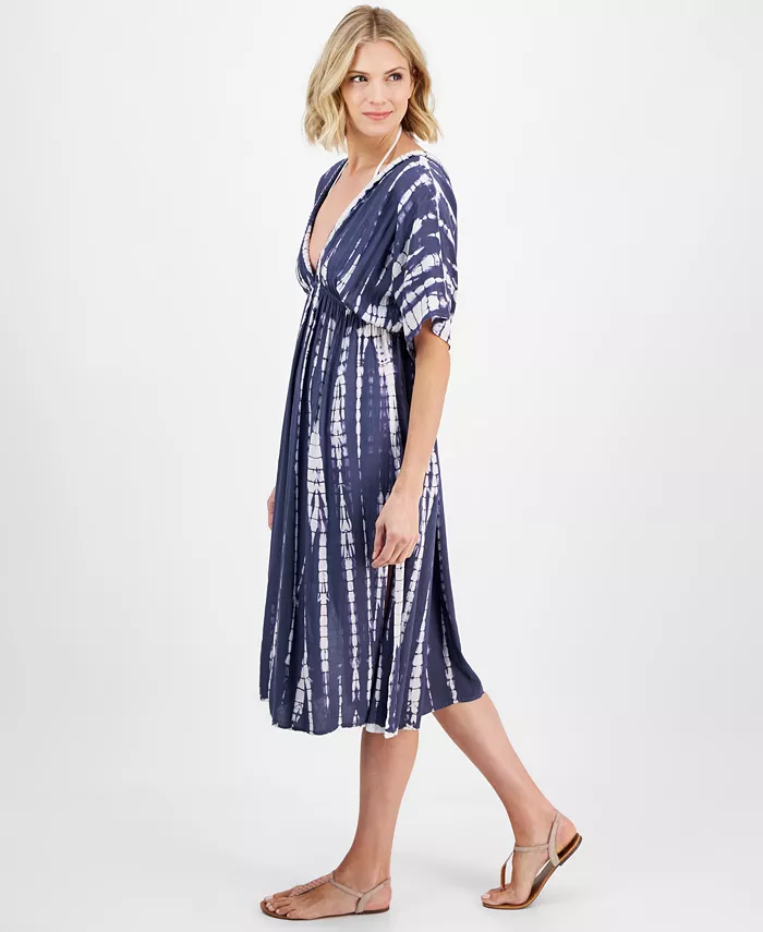 Raviya Women's Tie-Dyed Braid-Trim V-Neck Cover-Up Dress Women's Fashion Shoes & Accessories