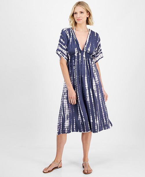 Raviya Women's Tie-Dyed Braid-Trim V-Neck Cover-Up Dress Women's Fashion Shoes & Accessories