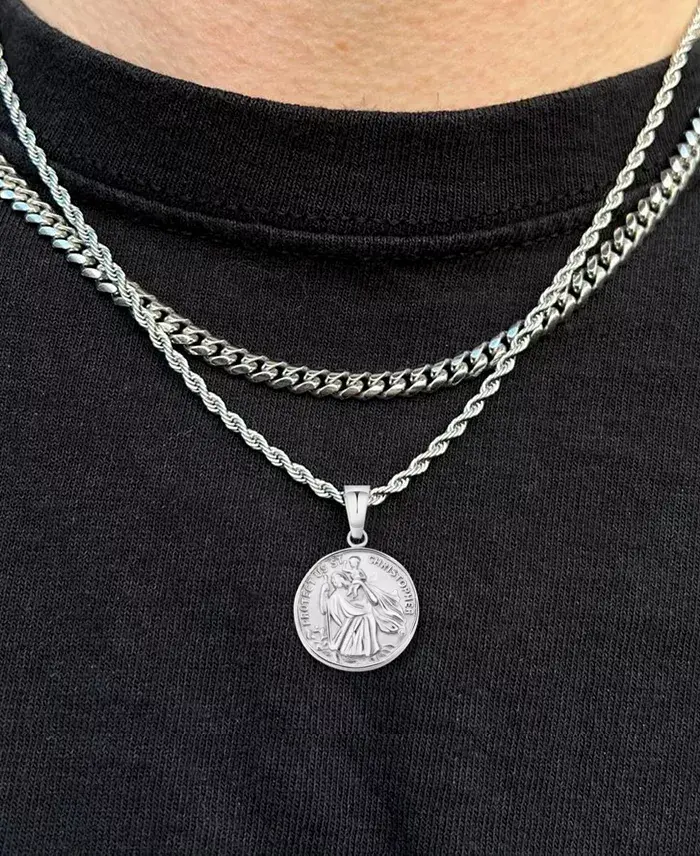 Rhona Sutton Silver Stainless Steel Saint Christopher Coin Pendant Necklace Jewelry & Watches