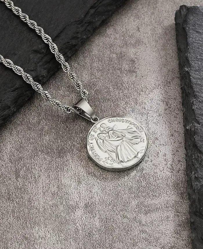 Rhona Sutton Silver Stainless Steel Saint Christopher Coin Pendant Necklace Jewelry & Watches