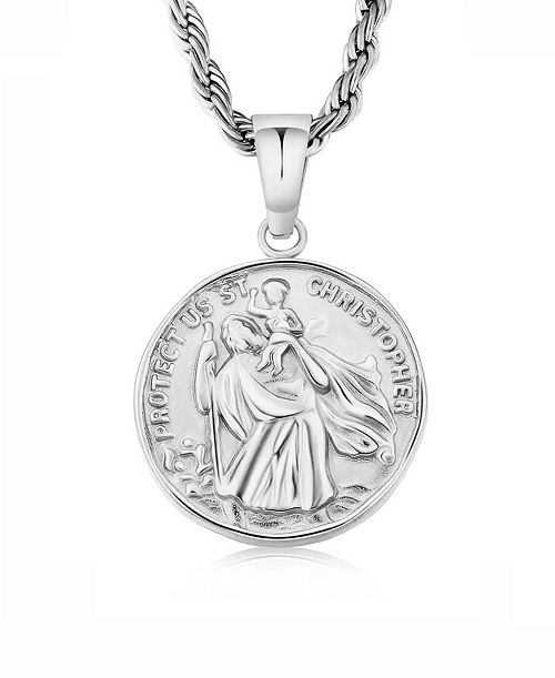 Rhona Sutton Silver Stainless Steel Saint Christopher Coin Pendant Necklace Jewelry & Watches