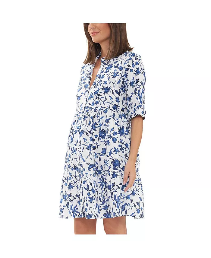 Ripe Maternity Bella Button Through Linen Dress White/Lapis Women's Fashion Shoes & Accessories