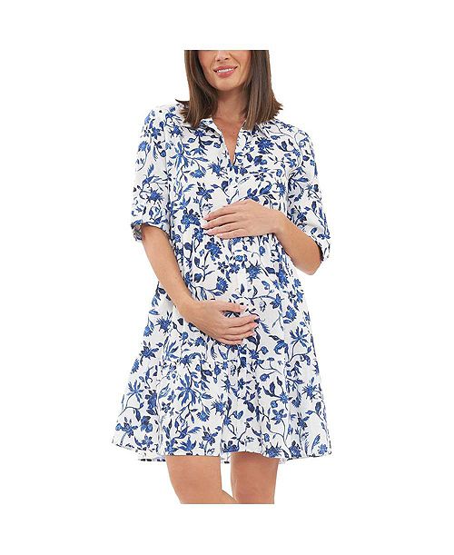 Ripe Maternity Bella Button Through Linen Dress White/Lapis Women's Fashion Shoes & Accessories