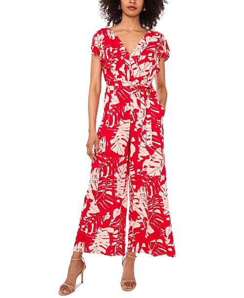 Sam & Jess Women's Printed Flutter-Sleeve Wide-Leg Jumpsuit Women's Fashion Shoes & Accessories