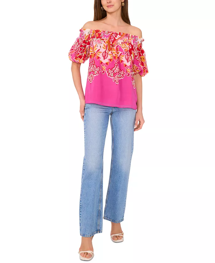 Sam & Jess Women's Printed Smocked Off-The-Shoulder Top Women's Fashion Shoes & Accessories
