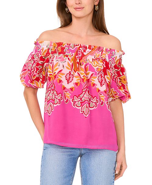 Sam & Jess Women's Printed Smocked Off-The-Shoulder Top Women's Fashion Shoes & Accessories
