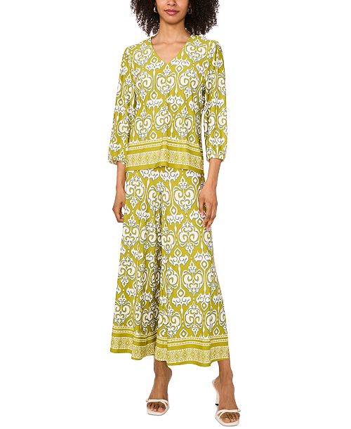 Sam & Jess Women's Printed V-Neck Top & Pants Women's Fashion Shoes & Accessories