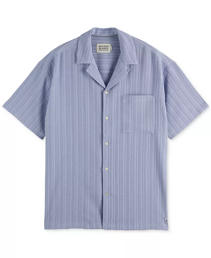 SCOTCH & SODA Men's Relaxed Fit Short Sleeve Tonal Striped Button-Front Pocket Shirt Men's Fashion & Accessories