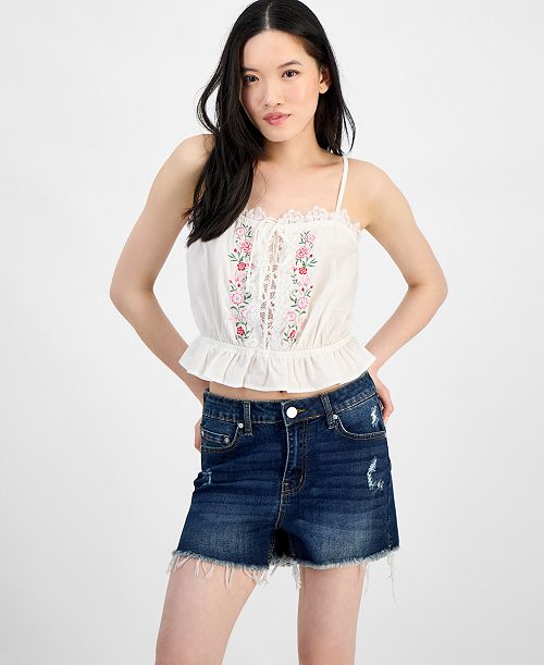Self Esteem Juniors' Lace-Trim Embroidered Peplum Tank Top Juniors'
