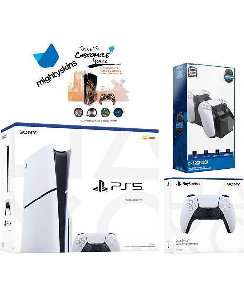 Sony PlayStation 5 Slim Disc With Extra Cosmic Red Controller Dual Charging Dock And MightySkins Decal Voucher Electronics