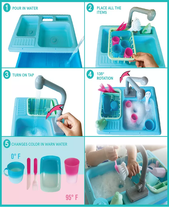 Splash Fun Wash-up Kitchen Sink Running Water Pretend Play Color Changing Kitchen Toy Cups And Accessories 15 Piece Set With Working Faucet All Toys