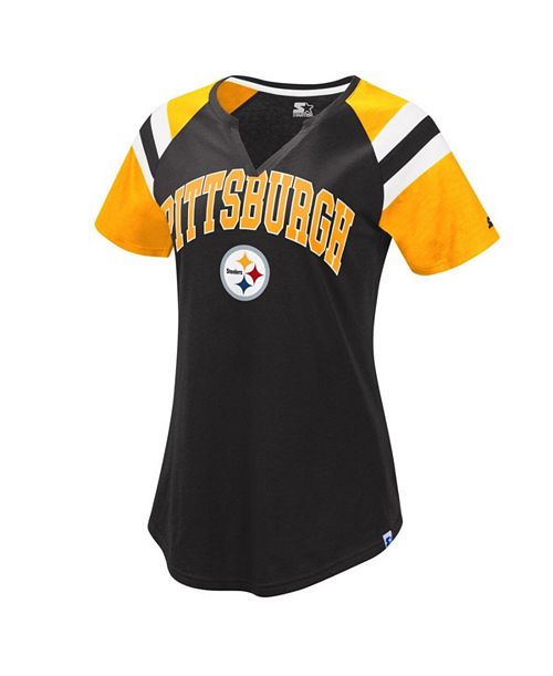 Starter Women's Black Gold Pittsburgh Steelers Game On Notch Neck Raglan T-shirt Sports Fan Shop
